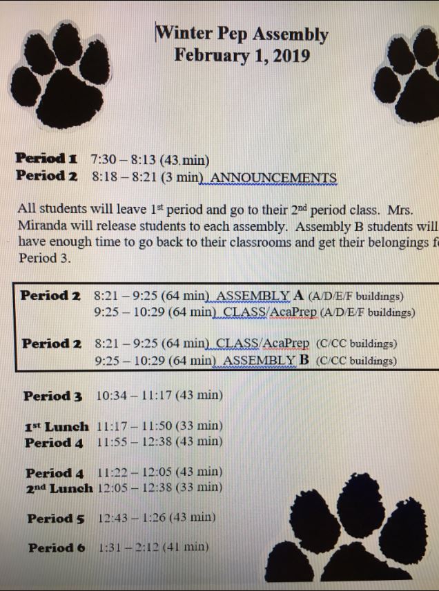 Winter Pep Assembly Schedule