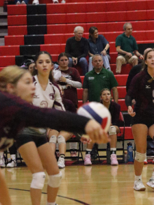 Girls play volleyball. Girl about to hit ball over to the other side