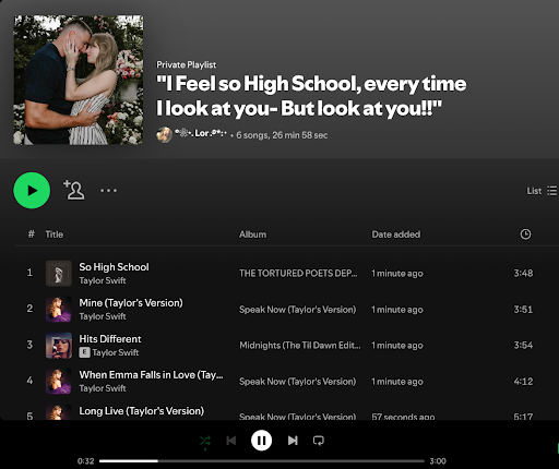 screenshot of a Spotify playlist with Taylor Swift songs
