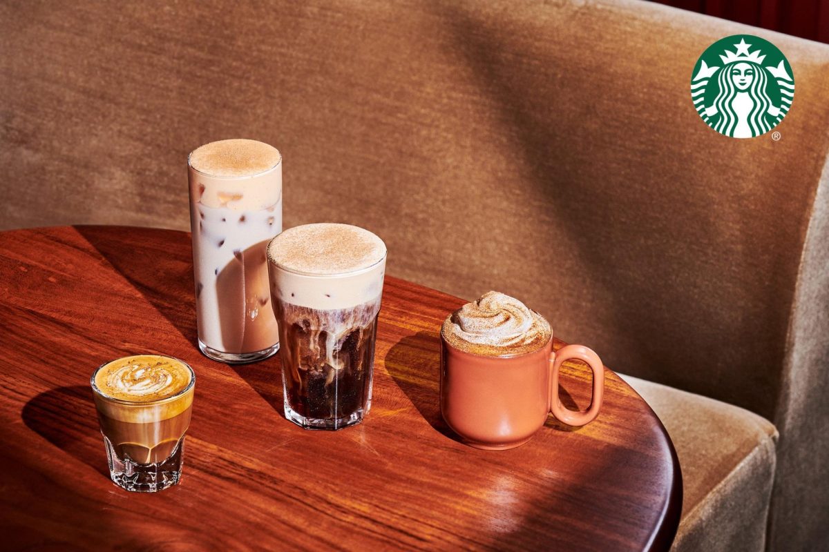Drinks from Starbucks sitting on a table