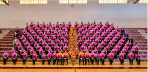 band and color guard posed for a photo