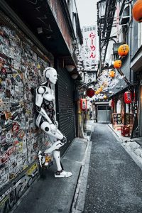 robot standing on a street